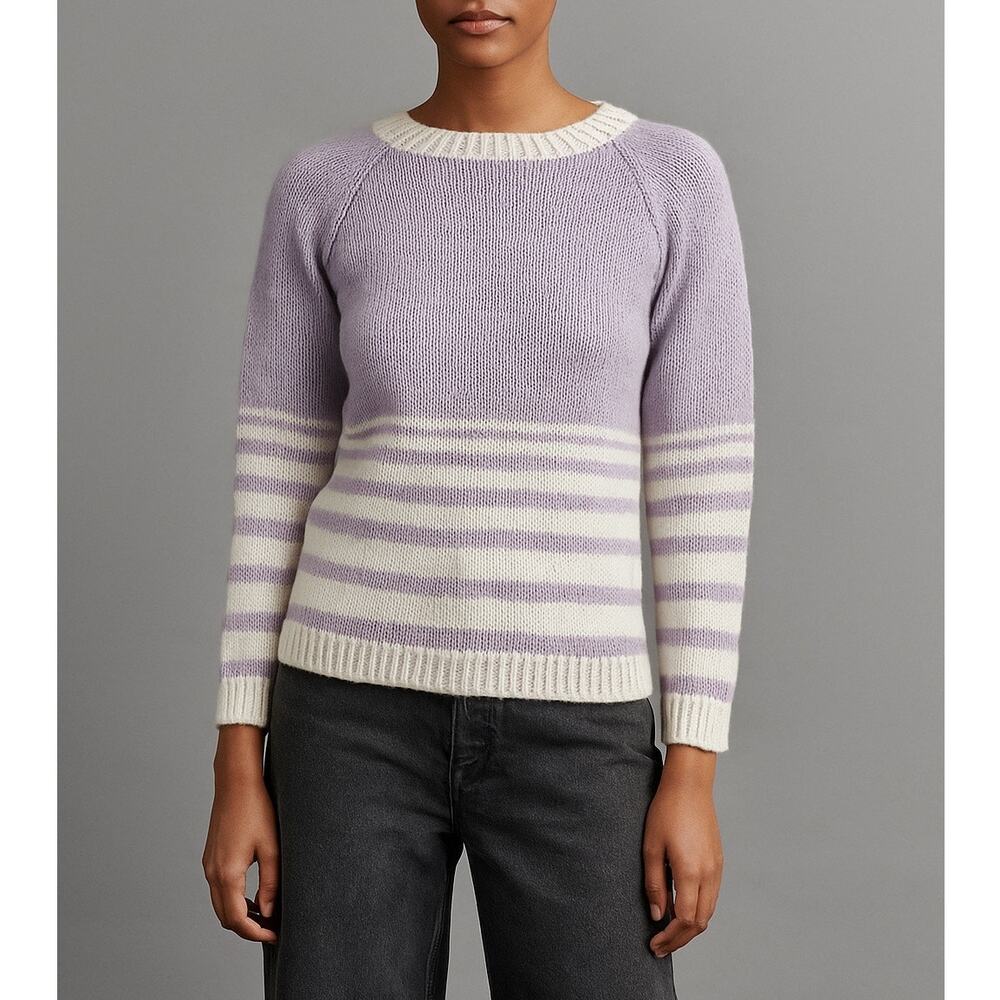 Handknit Cozy Chunky Lilac Light Purple Striped Sweater Womens Small Spring